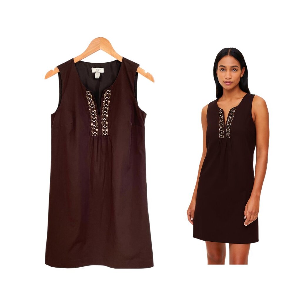 Loft Dress Women 4 Sheath Brown Beaded Ann Taylor V Neck Lined Boho Resort